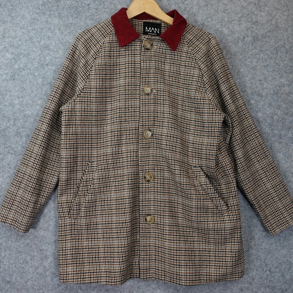 Boohoo Other - Tweed Houndstooth Car Coat Mens Small Beige Check Corduroy Collared BOOHOO MAN